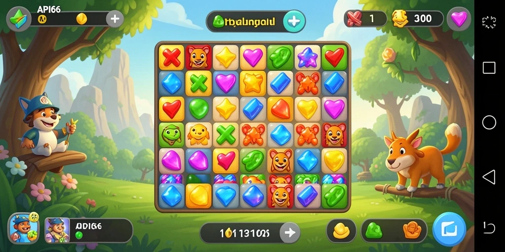 Tangkapan layar API66 menunjukkan gameplay seru Match-3 yang penuh warna.