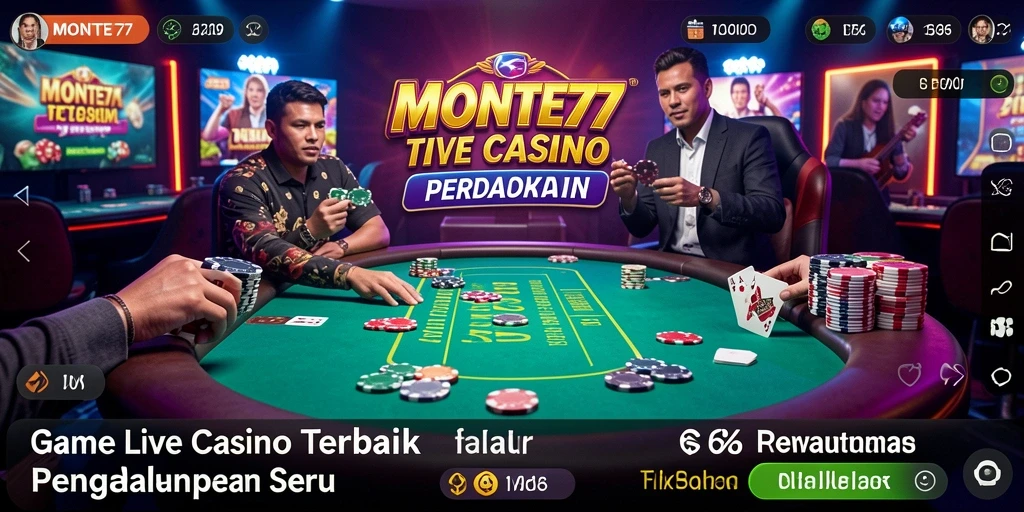 Screenshot utama MONTE77 menampilkan dealer langsung dan pemain aktif dalam permainan kasino.